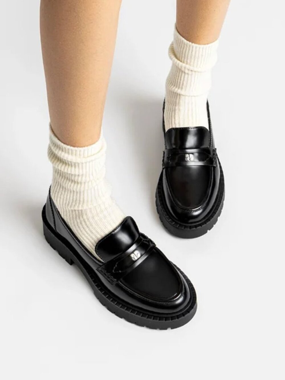 Larroude Suki Black Patent Leather Lug Sole Penny Loafer Size 10
